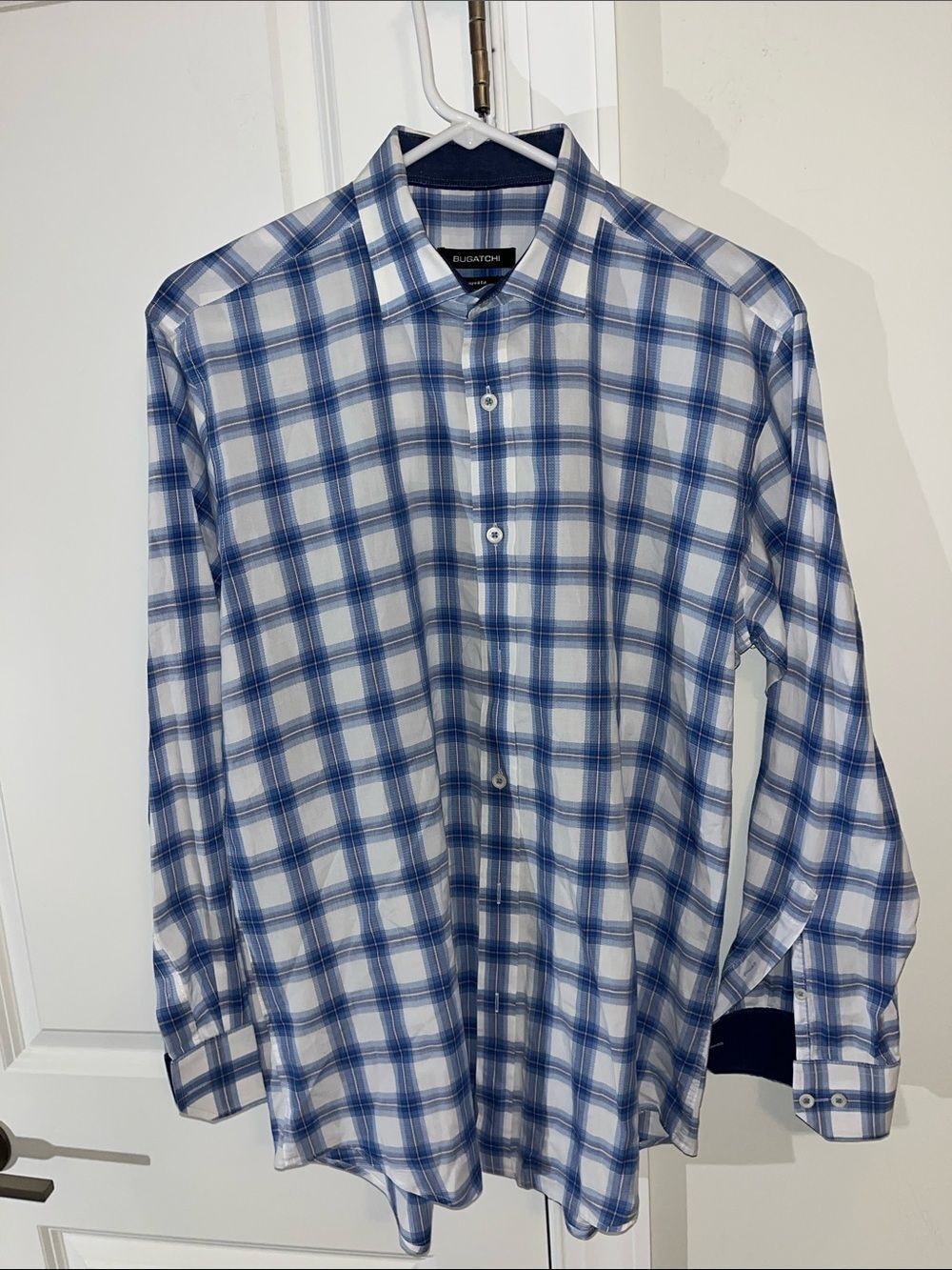Blue White Plaid Check Tartan dress shirt 15 1/2 x33 Shape Fit M Cotton
